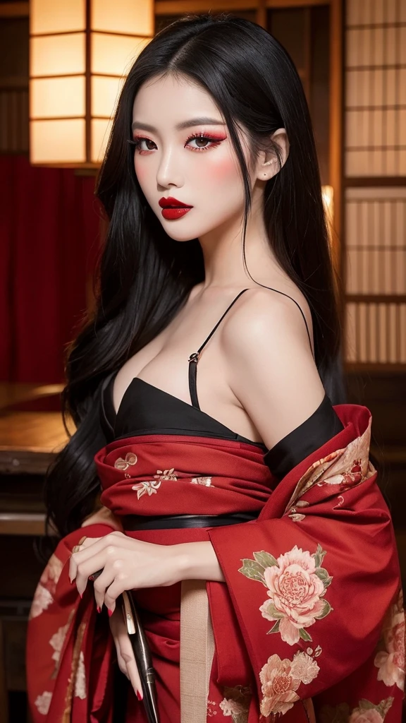“A beautiful woman with long black hair and fair skin, wearing thin red eyeshadow. She exudes a captivating and alluring atmosphere, with rouge lipstick. She sticks out her tongue and licks a knife held in her hand. She is dressed in a traditional Japanese kimono, which is slightly open at the shoulders. The background is luxurious and magnificent.”