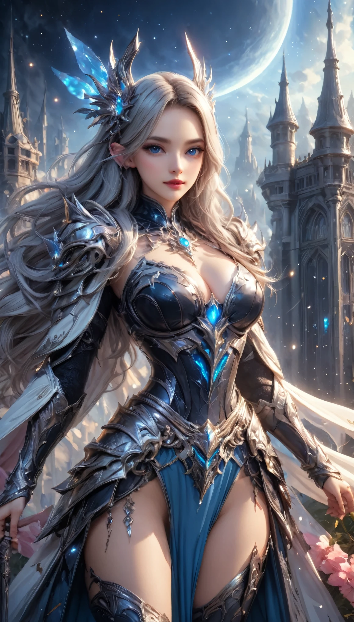 8K resolution, masterpiece, Highest quality, Award-winning works, unrealistic, From above, erotic, sole sexy lady, healthy shaped body, 22 years old, dark knight, 165cm tall, huge firm bouncing busts,, white silver long wavy hair, Detailed facial depictions, Break, Mysterious blue eyes, Standard nose, Eyeliner, pink lips, sexy long legs, Clear skin, knight, God in the right hand々A holy sword that emits a brilliant light., Gothic armor, Complex structure of armor, Seven-colored colorful armor, Clothed in flames, Phoenix Crest, elegant, Very detailed, Delicate depiction of hair, miniature painting, Digital Painting, artステーション, コンセプトart, Smooth, Sharp focus, shape, artジャム、Greg Rutkowski、Alphonse Mucha、William Adolphe Bouguereau、art：Stephanie Law , Royal Jewel, nature, Symmetric, Greg Rutkowski, Charlie Bowwater, Unreal, Surreal, Dynamic Lighting, ファンタジーart, Complex colors, Colorful magic circle, flash, dynamic sexy poses, A kind smile, Mysterious Background, Aura, A gentle gaze, BREAK, Small faint lights and flying fireflies, night, lanthanum, 山の頂From above下界を見下ろす, Starry Sky, milky way, nebula, shooting star,, (Back view, Looking back towards the camera:1.3),