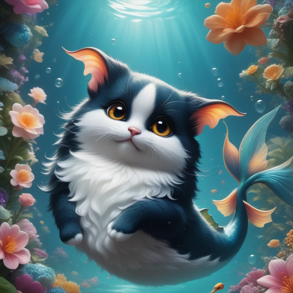 score_9, score_8_up, score_7_up, score_6_up, score_5_up, score_4_up,, adorable furry mermaid cat creature with oversized big beautiful eyes, floppy ears, fish tail, fluff-covered horns, swimming in a dreamy atmospheric underwater garden, whimsical background, gothic pastel colors