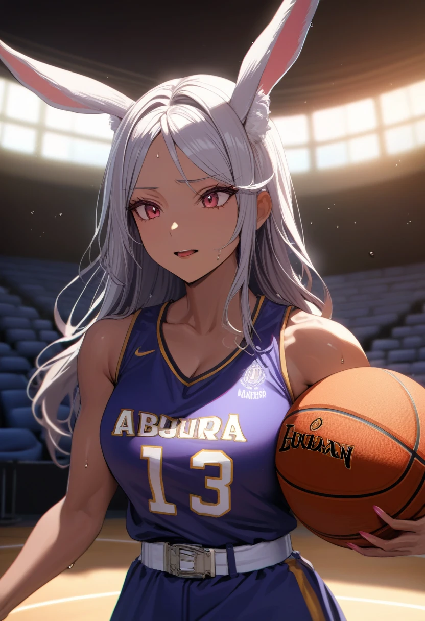 (masterpiece, Highest quality, Absurd), Close-up shot, One girl, Mirkodef, Dark Skin, Muscular, Bunny ears, Mature Woman, Holding a basketball in one hand, (Underbust), Wearing a basketball jersey, Basketball court, View Wiewer, (Exhausted, sweating), 8k exquisite illustrations, Dynamic pose, Cinema Lighting, Volumetric lighting, Vibrant colors, Ray Tracing, Intricate details, 