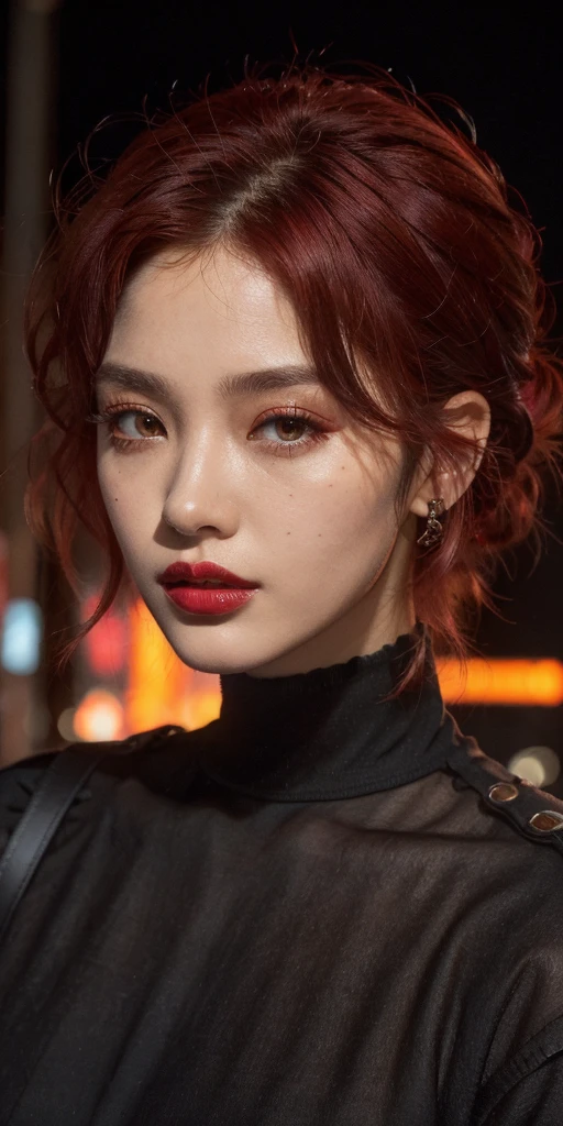 beautiful girl, half body portrait, short bright red disheveled hair, black eyeshadow, (street style wear:1.2), (city background:1.2), dark makeup, digital art, trending on artstation, highly detailed, fine detail, intricate, beautiful detailed glow, detailed, Cinematic light, highres, detailed facial features,sharp focus, smooth, aesthetic,