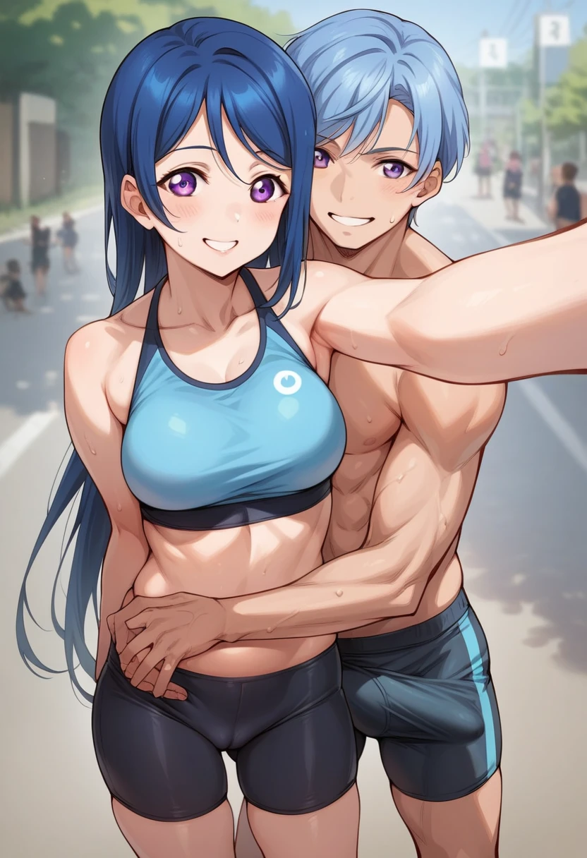 Matsuura kanan love live, long hair, blue hair, purple eyes, gym bra, bike shorts, standing, puffy crotch , skindentation , realistic art style , energetic smile,in street, lake in background, 1boys,1girl,taking selfie with boy , erection under clothes ,hug,hip grab and squeeze , hand job 