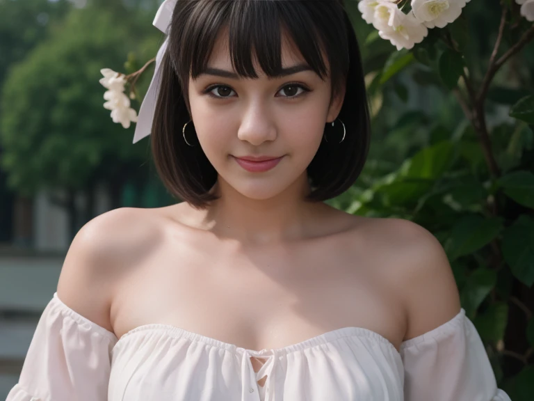 Medium View, Medium Shot, Written boundary depth, bust, Upper Body, Cinematic Angles, masterpiece, highest quality, Very detailed, cg, 8K Wallpaper, Beautiful Face, Delicate eyes, Otome, alone, smile, bangs, have,white colored dresses, bow, petal, bouquet