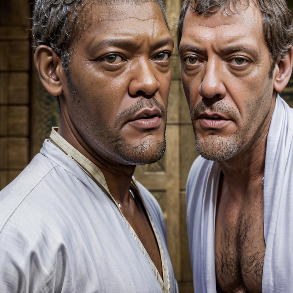 there are two people arguing, (((laurence fishburne))), (((Hugh Laurie))) , (((dressed in biblical times clothes))), black bald man, dressed in white, arguing with evil looking Hugh Laurie, (hugh laurie with white biblical clothes), (Hugh Laurie and laurence fishburne arguing), ((extreme closeup)), (close up)