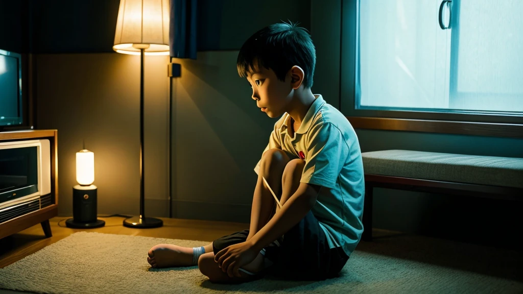 A young boy named Nobita sitting alone in the dark, watching a Doraemon cartoon on TV.