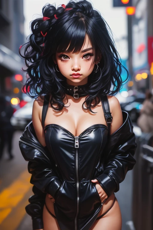 The character costume is KPOP, Hallyu, K-pop anime art style, Hallyu frontline style, Hallyu art style, kpop style, official artwork, Chibi art, Pisif, Blackpink style, cute. KPOP artwork in various poses, The popularity of Pisif art station, 16 year old chibi, No watermark, Extra close-fitting mini skirt, open jacket, extra short clear top Strapless, cleavage, style clothing cyberpunk, smallest short short, wide angle, short top, very short,