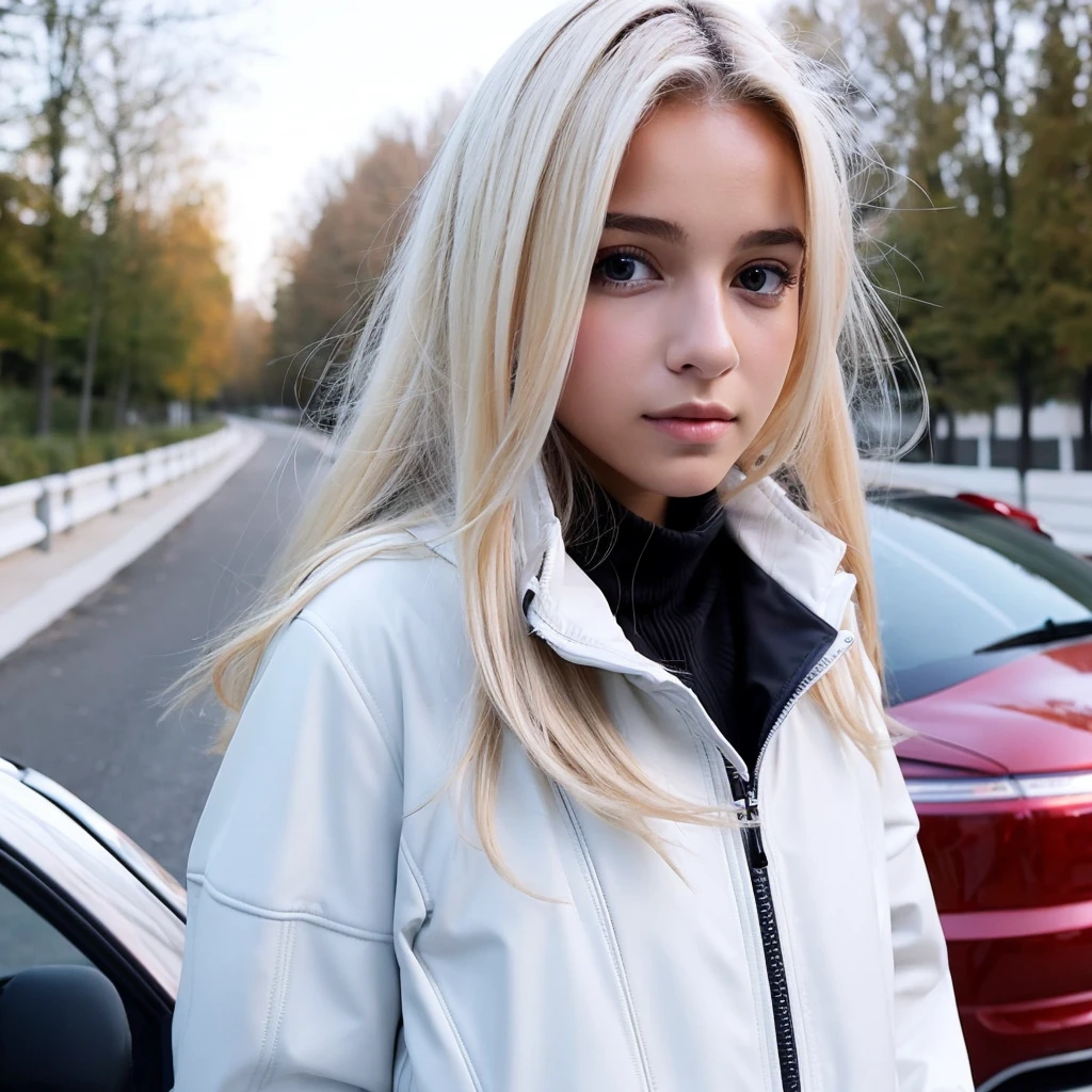 background: road
Characteristics: a girl with blonde hair  and her hair is long, wearing a small jacket and inside the small jacket there is a white shirt, she is holding the jacket, next to the jacket there is a name called "leen"