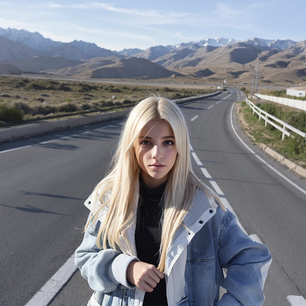 background: road
Characteristics: a girl with blonde hair and her hair is long, wearing a small jacket and inside the small jacket there is a white shirt, she is holding the jacket, next to the jacket there is a name called "leen"
