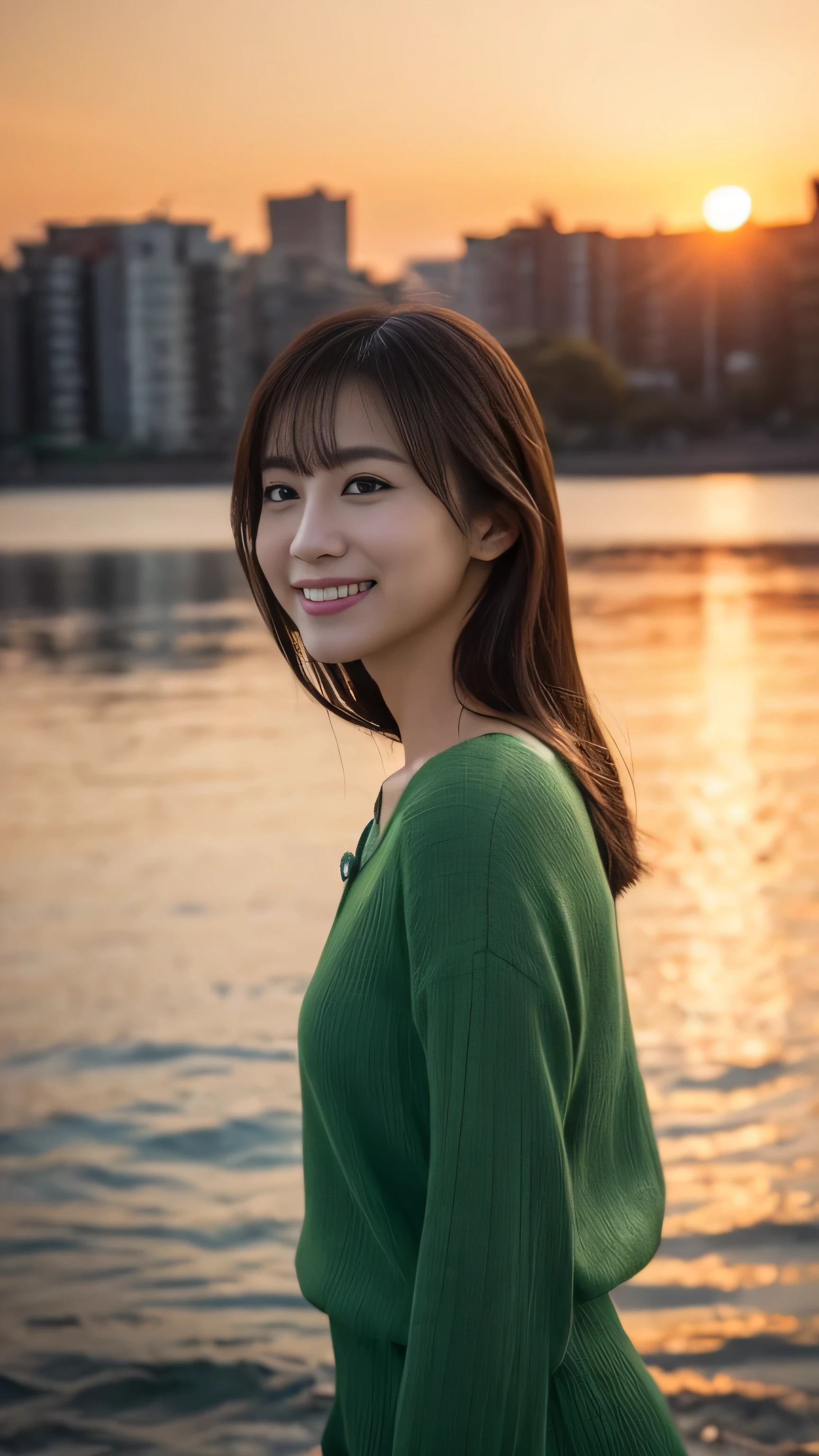 1 girl, (Green spring outfit:1.2), Very beautiful Japanese actress,
(RAW Photos, highest quality), (Realistic, Photorealistic:1.4), Tabletop,
Very delicate and beautiful, Very detailed, 2k wallpaper, wonderful,
finely, Very detailed CG Unity 8K wallpaper, Very detailed, High resolution, Soft Light,
Beautiful detailed girl, Very detailed目と顔, Beautiful and detailed nose, Finely beautiful eyes, Cinema Lighting,
Distant view of the buildings, (Sunset on the horizon:1.4),
Bright Red Sunset, Sunset reflected on the surface of the water,
Complete Anatomy, Slender body, small, smile,
Pan Focus