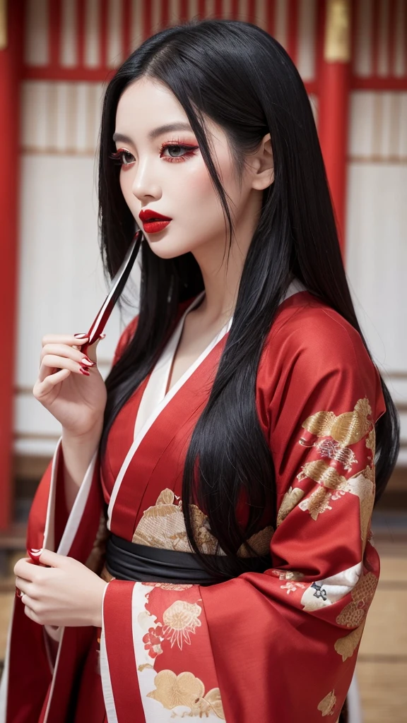 “A beautiful woman with long black hair and fair skin, wearing thin red eyeshadow. She exudes a captivating and alluring atmosphere, with rouge lipstick. She sticks out her tongue and licks a knife held in her hand. She is dressed in a traditional Japanese kimono, which is slightly open at the shoulders. The background is luxurious and magnificent.”