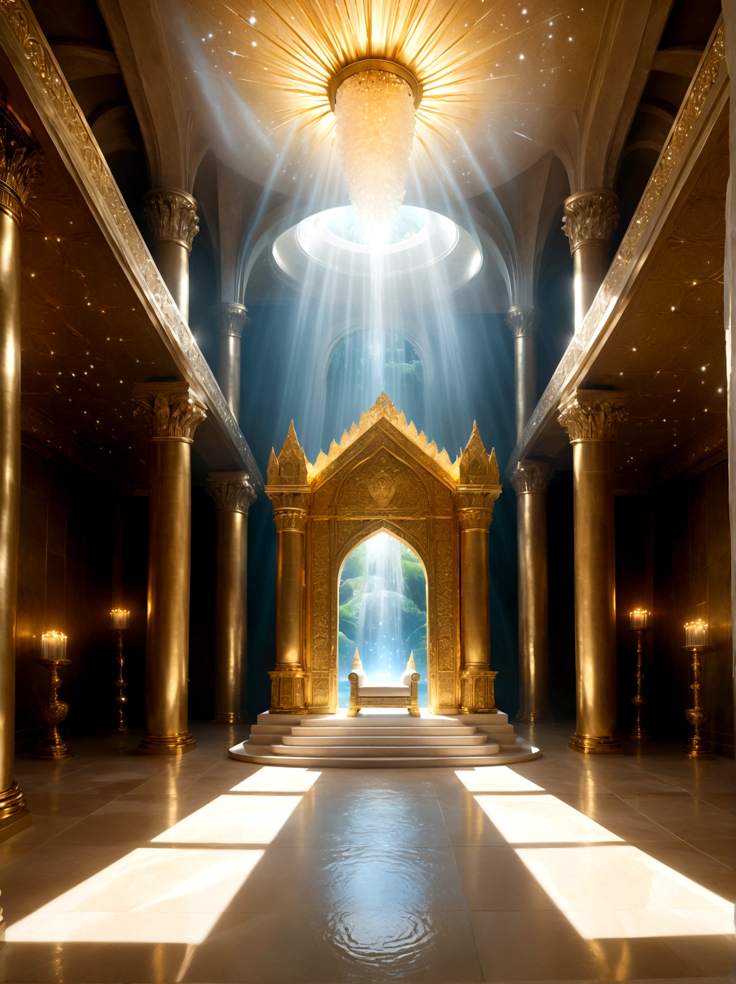 Imagine a majestic throne room beyond the human realm, as described in the first book of Enoch, The room is filled with grandeur, dominated by an enormous throne made of pure, shimmering crystal. Beside the throne, four rivulets of water spring forth, symbolizing the four rivers of paradise, The room is brightly illuminated by radiant light, and the floor is like a radiant, clear crystal, Beautifully carved pearly gates lead into the chamber, while myriad stars twinkle high above in the vaulted, celestial ceiling, A soft, ethereal mist permeates the air, further enhancing the mystical atmosphere