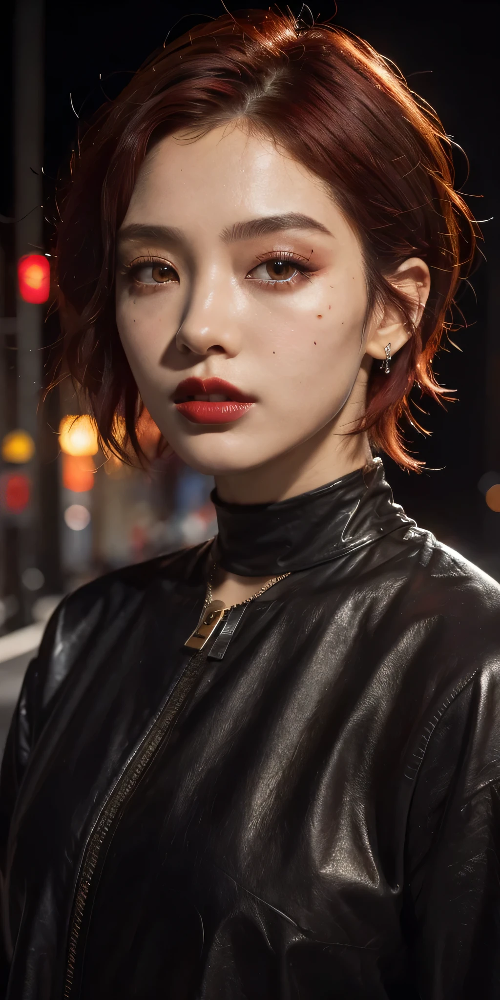 beautiful girl, half body portrait, short bright red disheveled hair, black eyeshadow, (street style wear:1.2), (city background:1.2), dark makeup, digital art, trending on artstation, highly detailed, fine detail, intricate, beautiful detailed glow, detailed, Cinematic light, highres, detailed facial features,sharp focus, smooth, aesthetic,