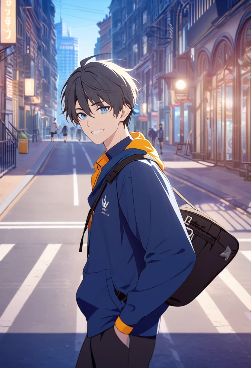 masterpiece,best quality,depth of field,8K,looking at the viewer,running shoes,dark gray hair,blue eyes,man,hands in pockets,smiling,alone,Handsome,(charismatic 눈 1:1),wseifuku,blue achive,wearing,city,man,With a sports bag slung over your shoulder,charismatic,cute