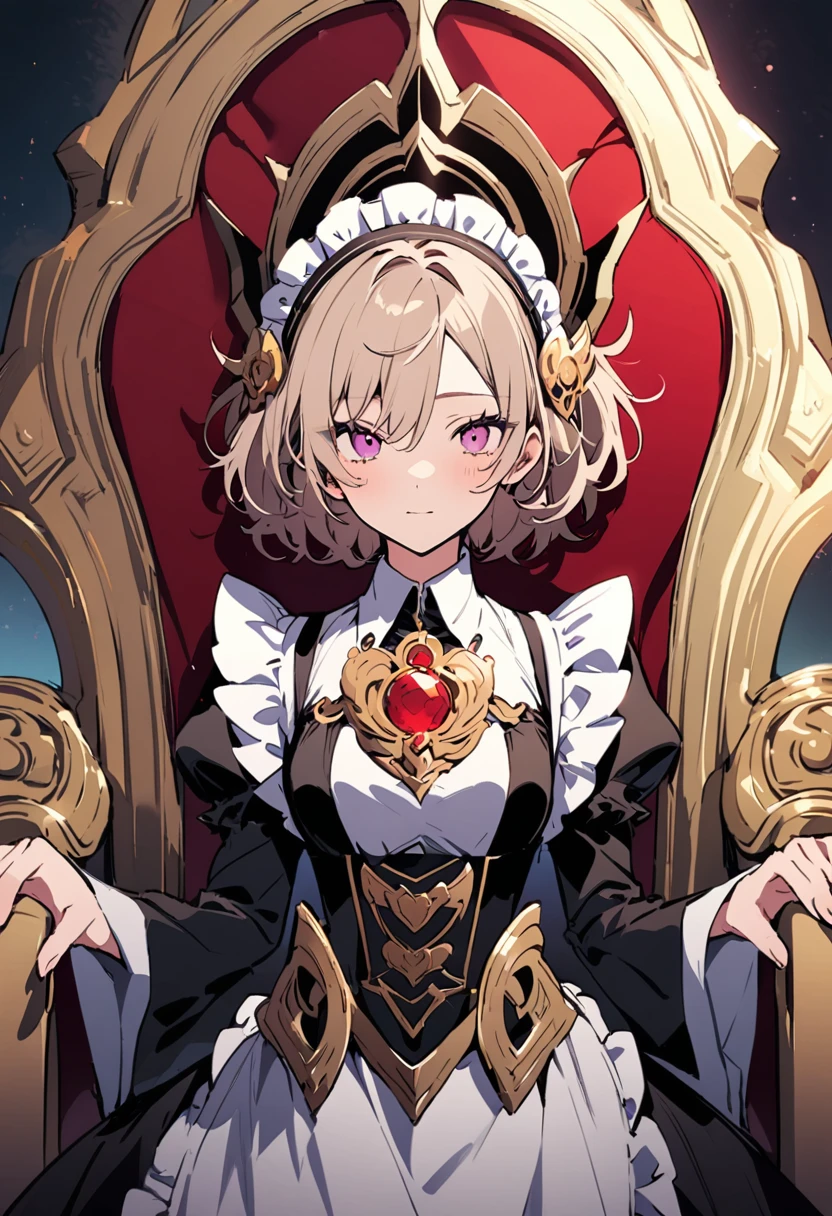 masterpiece, Highest quality, Illustration of the novel, High resolution, 18+ Adult content, Sensual, Intimate, Emotional, Passionate, romantic, sweet, Adorable, Innocent, Pure, Charmな, Charmな, Charm, mysterious, Charmな, Charmな, Immersive, Charmな, dream-like, Surreal, Imaginative, Whimsical, Artistic, Avant-garde, timeless, elegant, Sophisticated, chic, Sophisticated, personality, original, Charmな,((Maid clothes:1.3)),((Throne of Power,Throne of Power:1.3))((Upper Body:1.3))