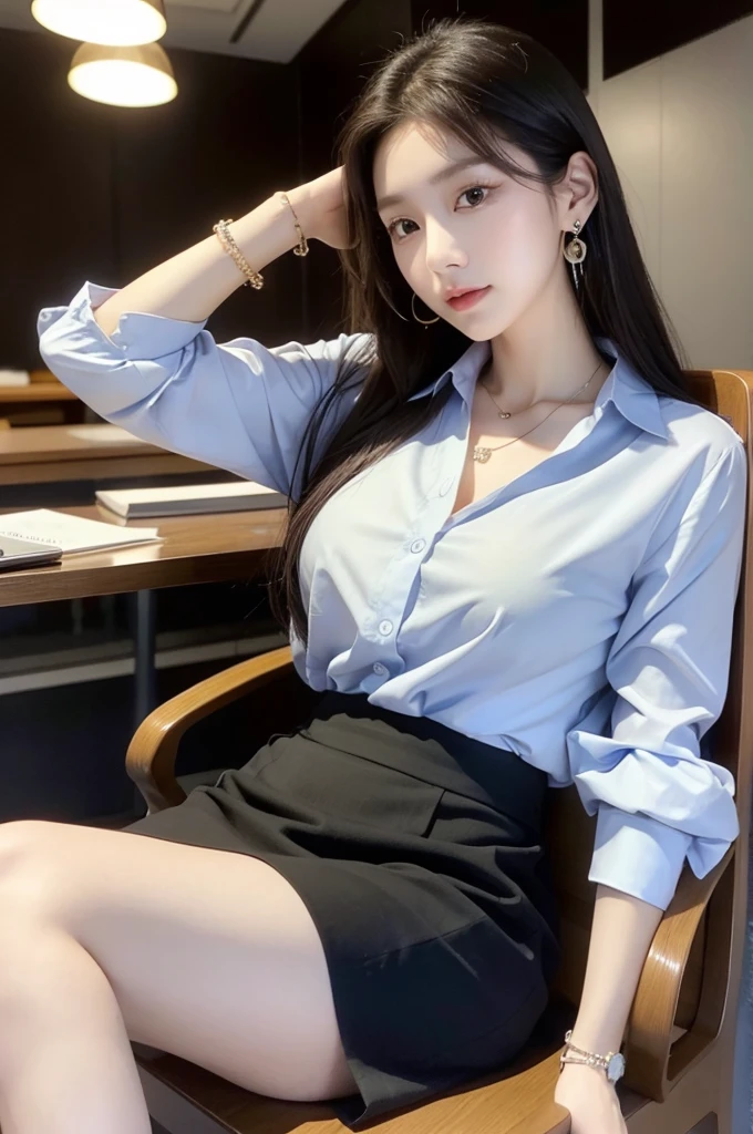 (((actual photography))),, portrait, Korean,(arrogant的臉:1.3),, 1 Girl,beautiful girl, 28 years old,Mature,arrogant,Sit in a large class chair,Cross your legs坐姿,Write carefully on the table , (Necklace,earrings,Bracelet:1.1), Buttoned shirt and hip skirt,miniskirt , (cleavage:0.3),, In the CEO's Office, (environmental details:1.3),, (original photo, CG Unity, photography, ultra actual details, sharp focus, Delicate skin,4K, High resolution, masterpiece, best quality, actual, energetic:1.2),, (8K,4K, Ultra high quality, High resolution, professional, Movie般的, Movie, Dramatic),Cross your legs, Detailed office background