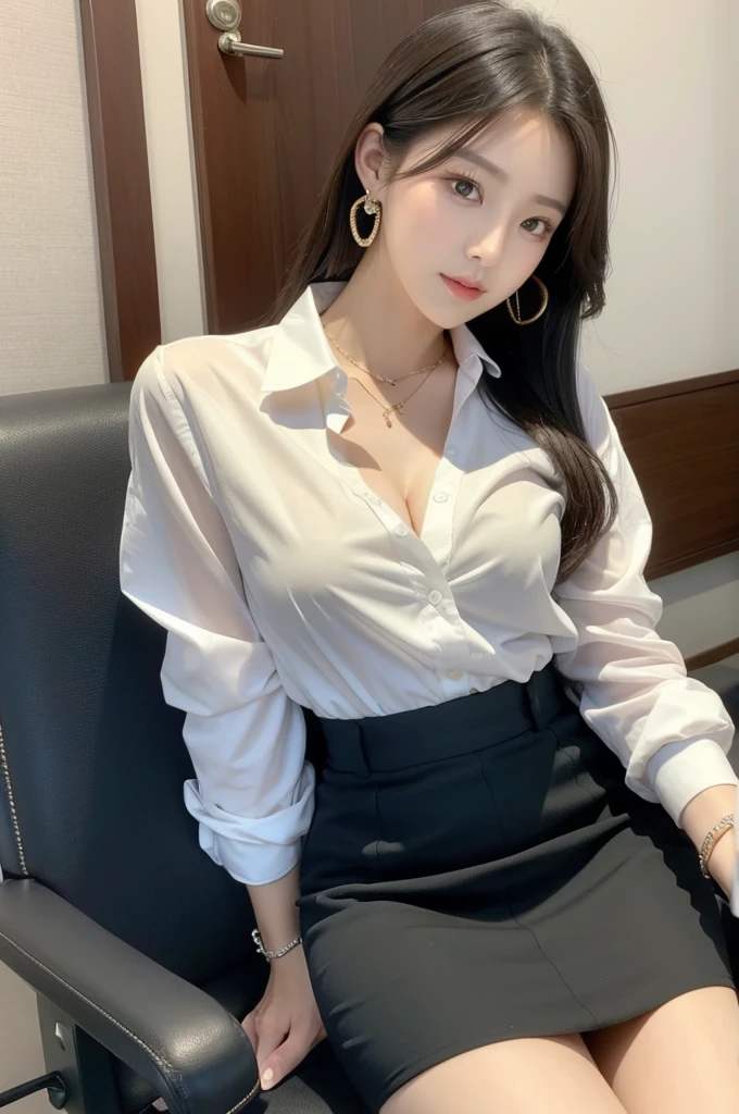 (((actual photography))),, portrait, Korean，(arrogant的臉:1.3),, 1 Girl，beautiful girl, 28 years old，Mature，arrogant,Sit in a large class chair，Cross your legs坐姿，Write carefully on the table , (Necklace，earrings，Bracelet:1.1), Buttoned shirt and hip skirt,miniskirt , (cleavage:0.3),, In the CEO&#39;s Office, (environmental details:1.3),, (original photo, CG Unity, photography, ultra actual details, sharp focus, Delicate skin,4K, High resolution, masterpiece, best quality, actual, energetic:1.2),, (8K,4K, Ultra high quality, High resolution, professional, Movie般的, Movie, Dramatic),Cross your legs, Detailed office background