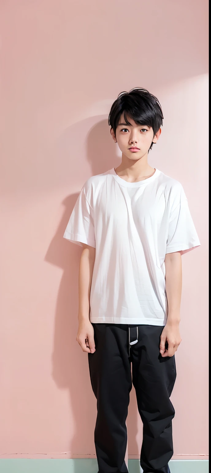((The cutest high school boy in Japan))、((Short height))、((Timid, worried brow))、((Wearing a white T-shirt))、((Simple pink wall background))、((Black hair mash))、((Full body photo))