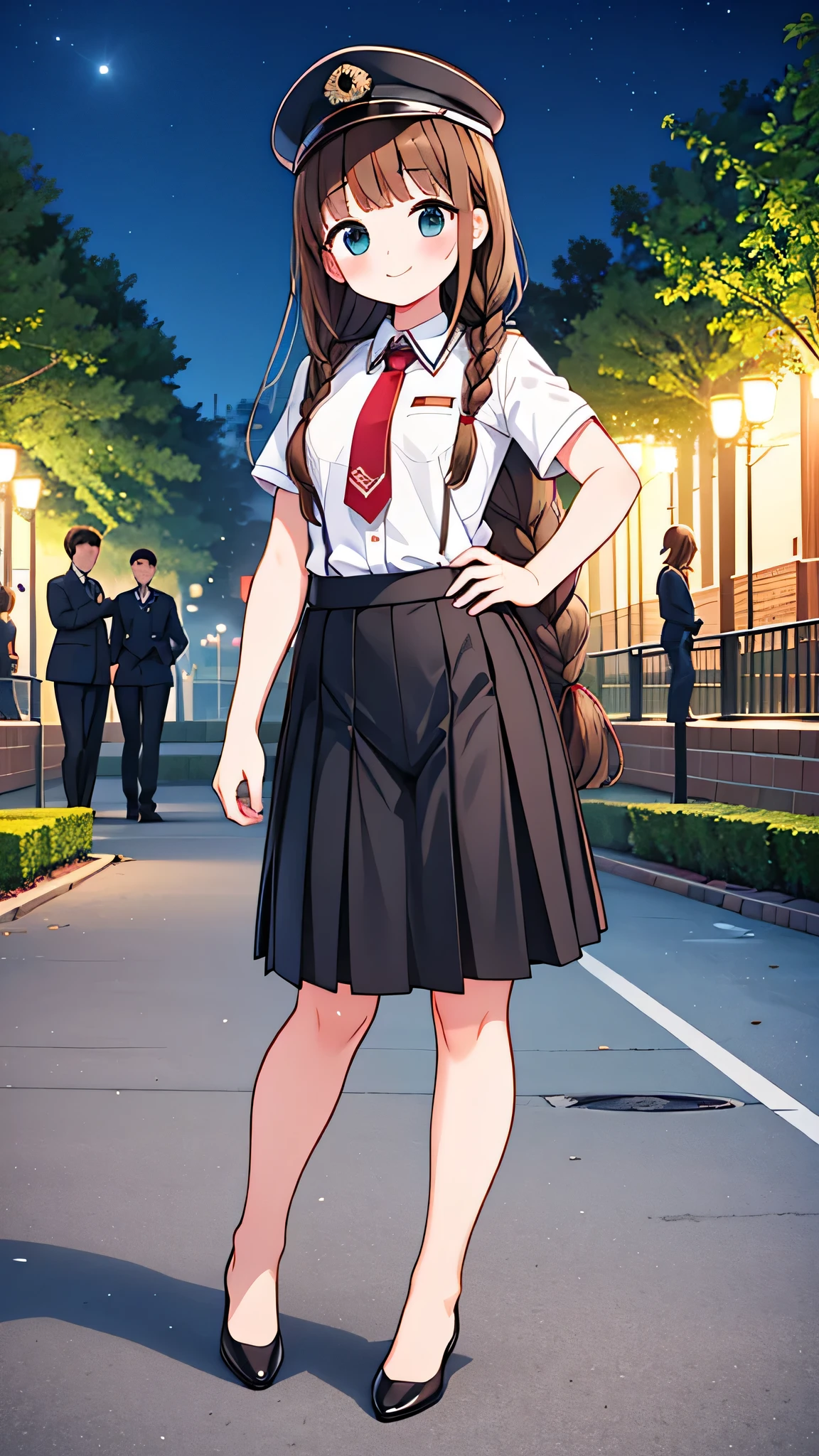 {Highest quality], [Super beautiful], [Ultra fine], [Best illustration], NSFW,Brown Hair, Hime cut,Braid, Long Hair, With bangs, girl, Uniform cap,Security uniform, smile, blush, Slender women,Short sleeve,Long straight skirt, Adult women,Strike a Pose,(Public）Night Park, diagonal,Bare feet and pumps, Plain black pumps