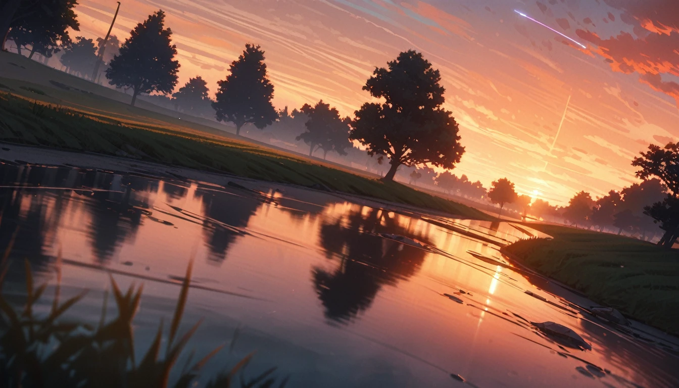 Summer, orange clouds, evening, suset, on the outskirts of the village
, Runway: 1.2, Trees, Shooting Star, Small Waterhole, Reflection, Shady,orange Sunlight, Wide Angle, High Resolution, Fine Detail, Ultra Detail, Sharp Focus, Perspective, Depth of Field, wide shot, atmospheric perspective, perspective, Best Quality, 8K, highres, award winning, super detail, masterpiece