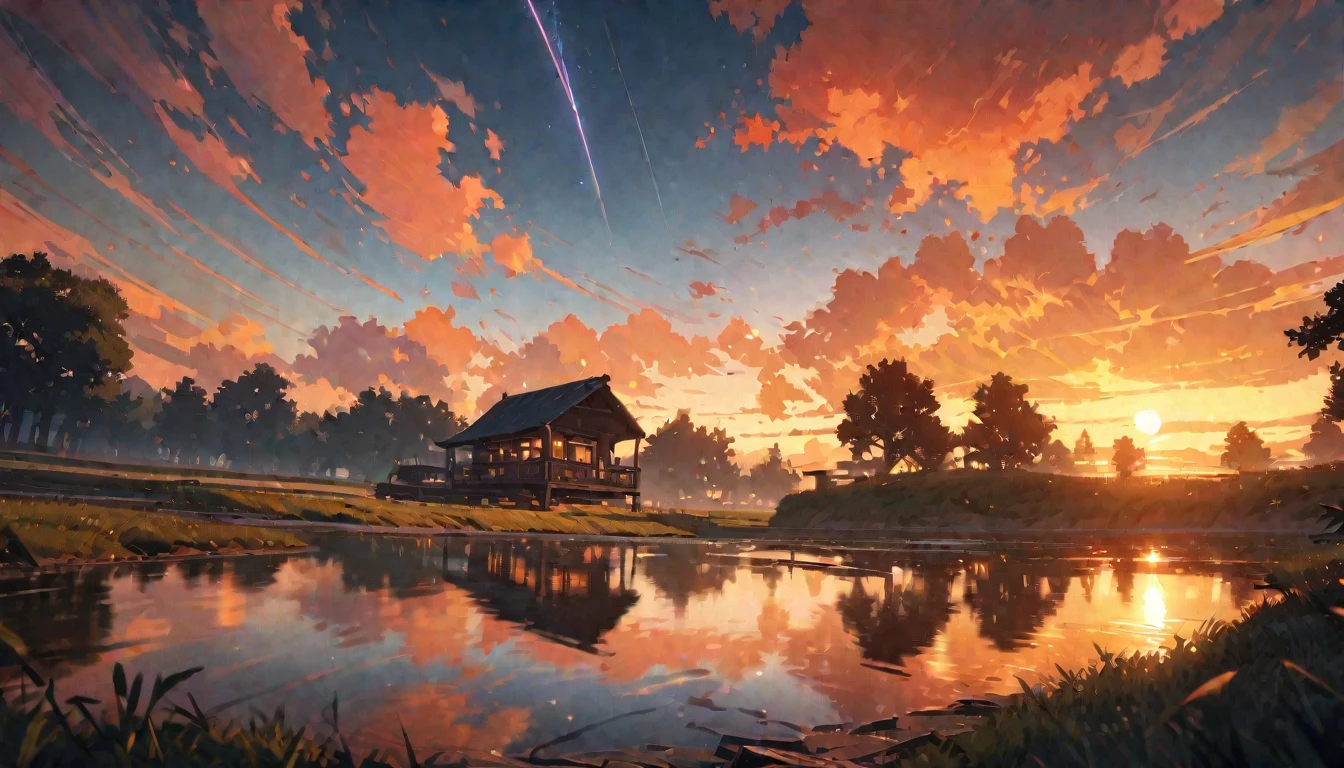 Summer, orange clouds, evening, suset, on the outskirts of the village
, Runway: 1.2, Trees, Shooting Star, Small Waterhole, Reflection, Shady,orange Sunlight, Wide Angle, High Resolution, Fine Detail, Ultra Detail, Sharp Focus, Perspective, Depth of Field, wide shot, atmospheric perspective, perspective, Best Quality, 8K, highres, award winning, super detail, masterpiece