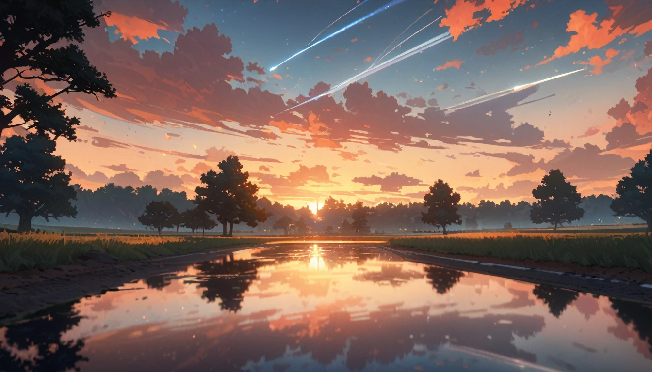 Summer, orange clouds, evening, suset, on the outskirts of the village
, Runway: 1.2, Trees, Shooting Star, Small Waterhole, Reflection, Shady,orange Sunlight, Wide Angle, High Resolution, Fine Detail, Ultra Detail, Sharp Focus, Perspective, Depth of Field, wide shot, atmospheric perspective, perspective, Best Quality, 8K, highres, award winning, super detail, masterpiece