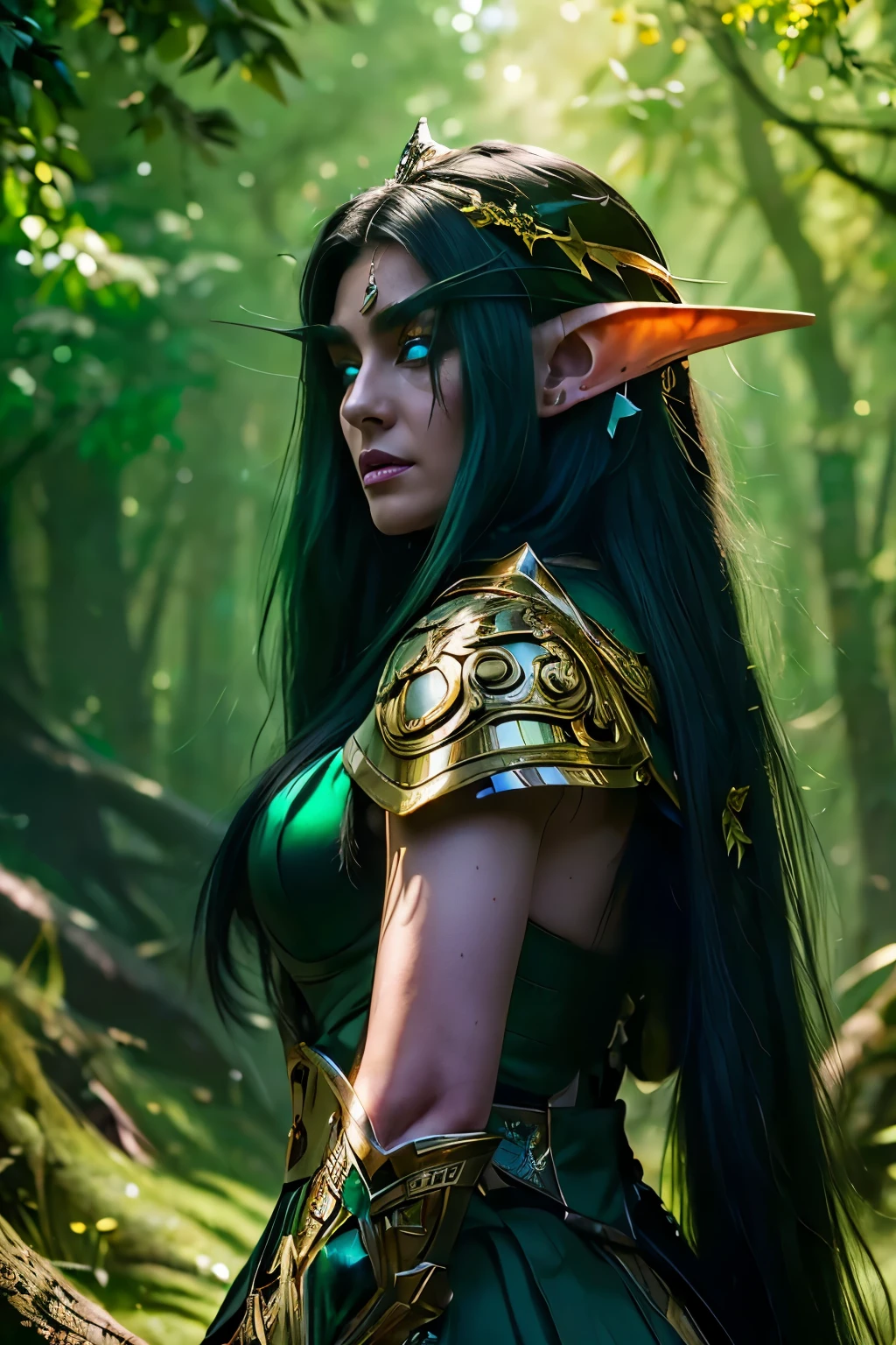 (((Masterpiece, high quality )))), Premium quality, elf, long flowing black hair, green eyes, short battle armor in gold and black detail, large bow on his head gold and emerald green, in a light green forest, butterflies shining, large tree roots ((cinematic light)))