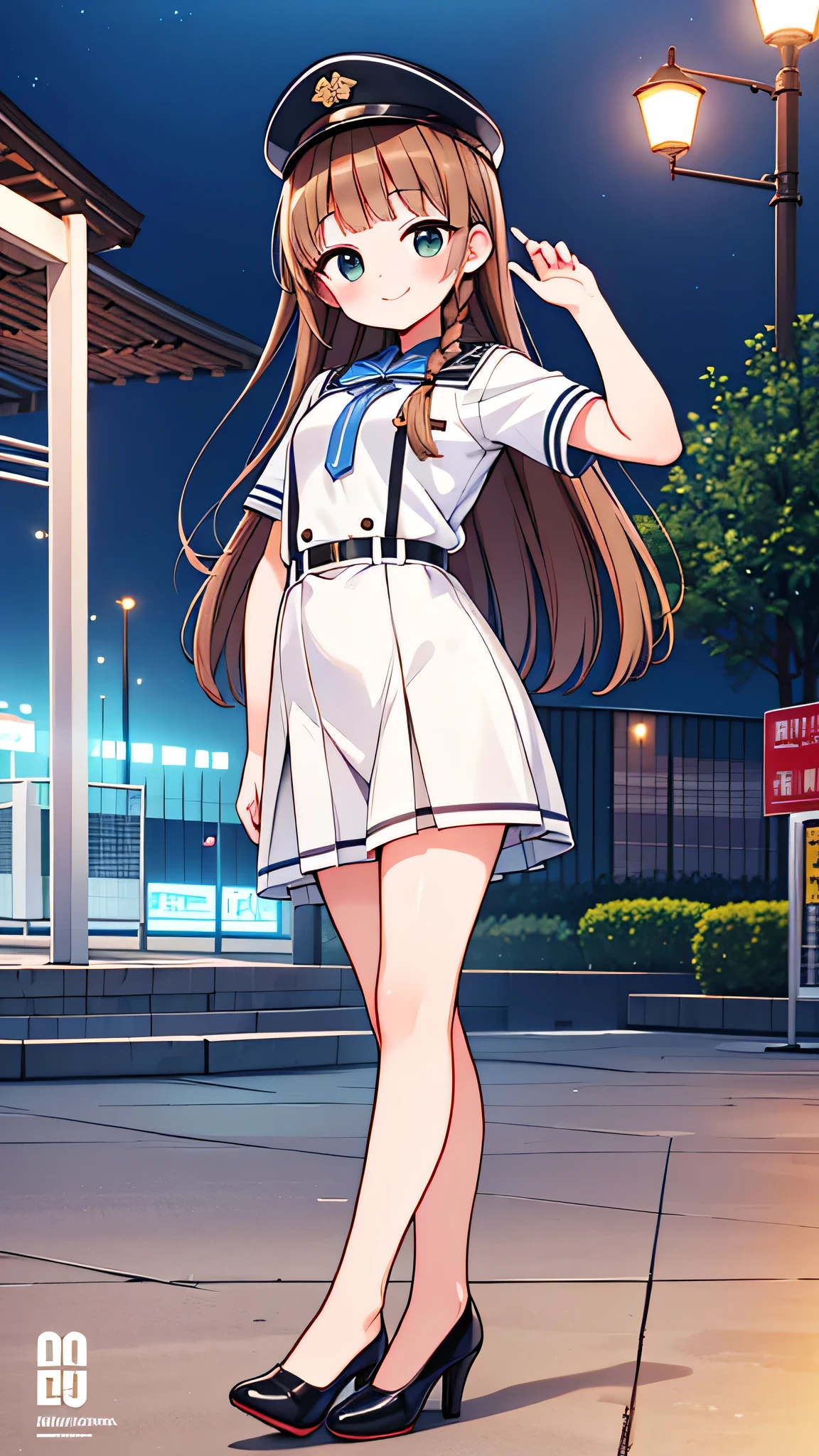 {Highest quality], [Super beautiful], [Ultra fine], [Best illustration], NSFW,Brown Hair, Hime cut,Braid, Long Hair, With bangs, girl, Uniform cap,Security uniform, smile, blush, Slender women,Short sleeve,Long straight skirt, Adult women,Strike a Pose,(Public）Night Park, diagonal,Bare feet and pumps, Plain black pumps