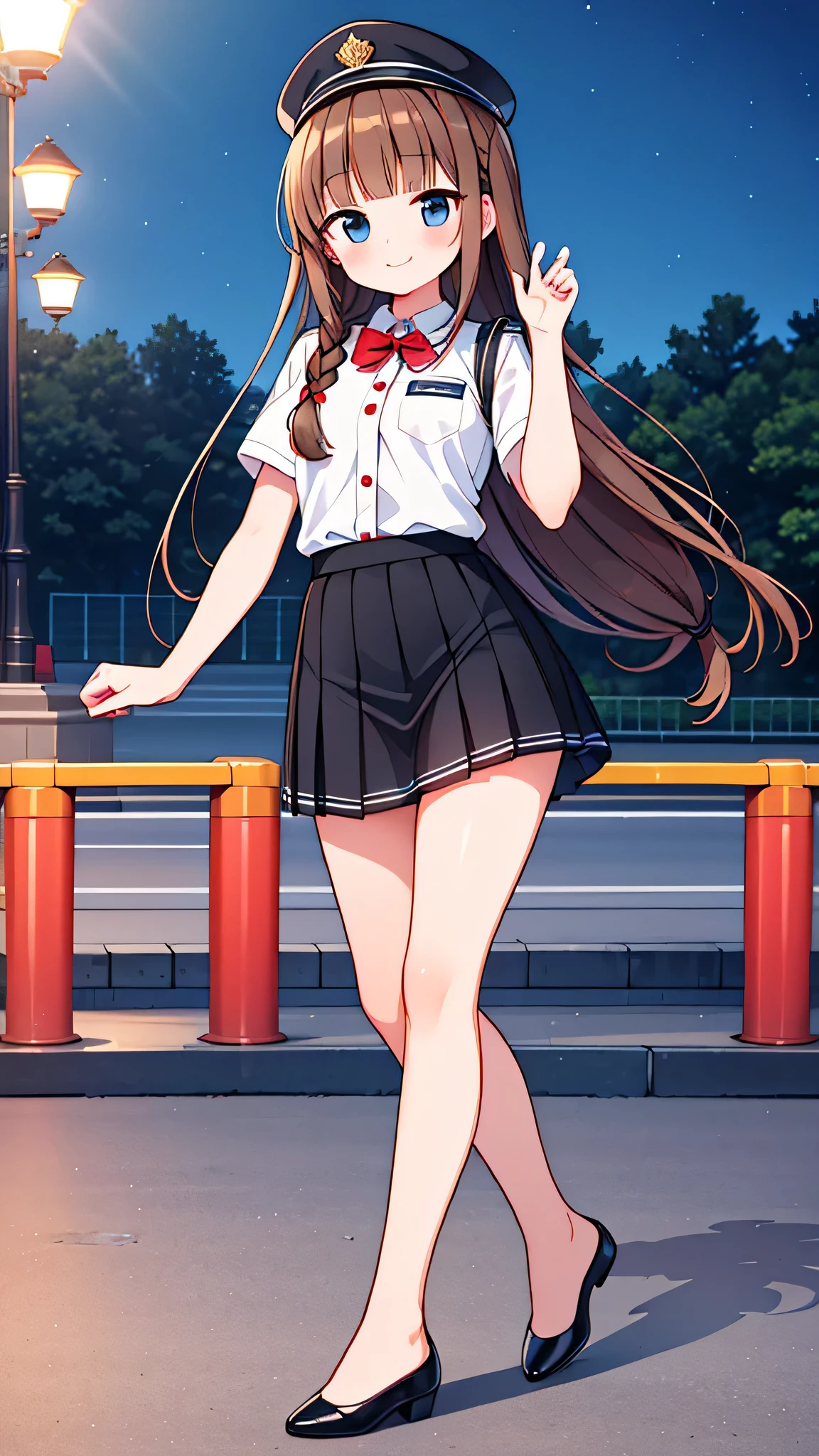 {Highest quality], [Super beautiful], [Ultra fine], [Best illustration], NSFW,Brown Hair, Hime cut,Braid, Long Hair, With bangs, girl, Uniform cap,Security uniform, smile, blush, Slender women,Short sleeve,Long straight skirt, Adult women,Strike a Pose,(Public）Night Park, diagonal,Bare feet and pumps, Plain black pumps