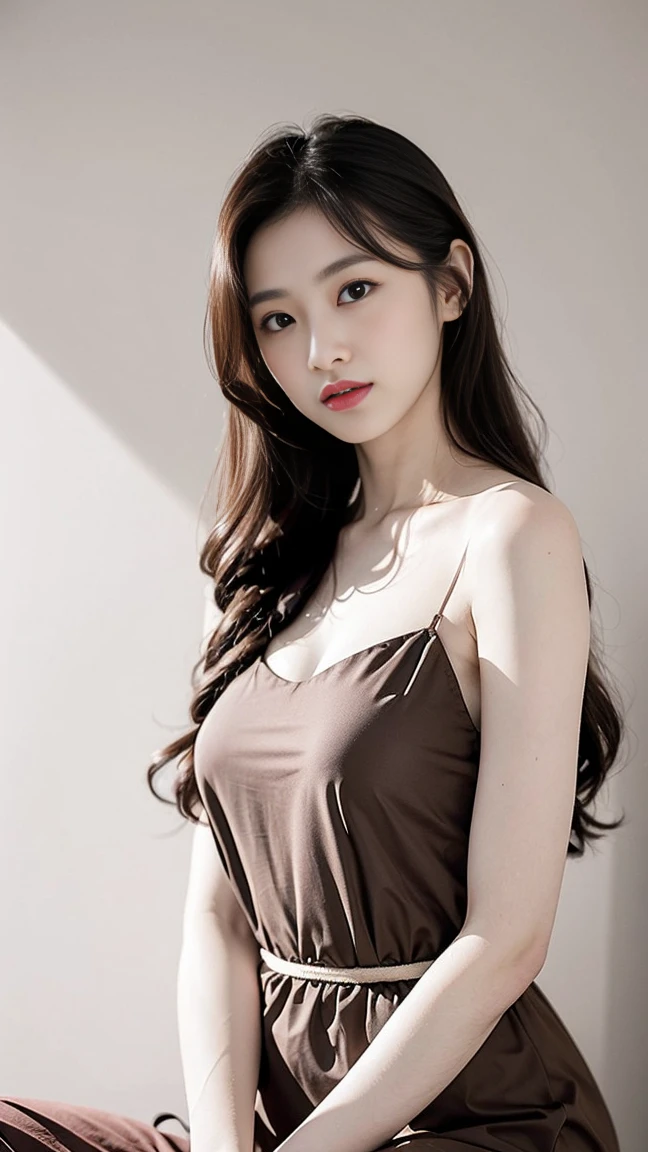 8K, super high quality, ((More than half of people move away from the center of the screen)), Beautiful chestnut hair ((Upper thigh area)), Looking at the audience, photo Practical, Highly detailed beautiful face and eyes, (Close-up hairstyle), (5 fingers), (Wearing a brown dress), (White marble background), Pretty Face, Top quality, Sweat Beauty, Very refined, Full of smiles, Good shape, high quality, Practical, fantasy, Practical skin, Rich colors, Top quality, Very refined, HD original photos, Professional photographer, Solitary, Beautiful lips, Top quality, fantasy, Practical skin, Rich colors, 20 years old, HD original photos, photo Practical , Neck tilt