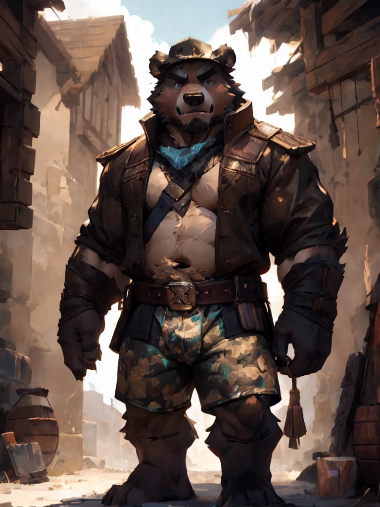 furry character，A very tall anf strong bear，He was bare-chested and wearing a pair of cloth shorts，he is a bandit，middle age，The Bandit Stockade，ancient style，perfect eyes，by null-ghost