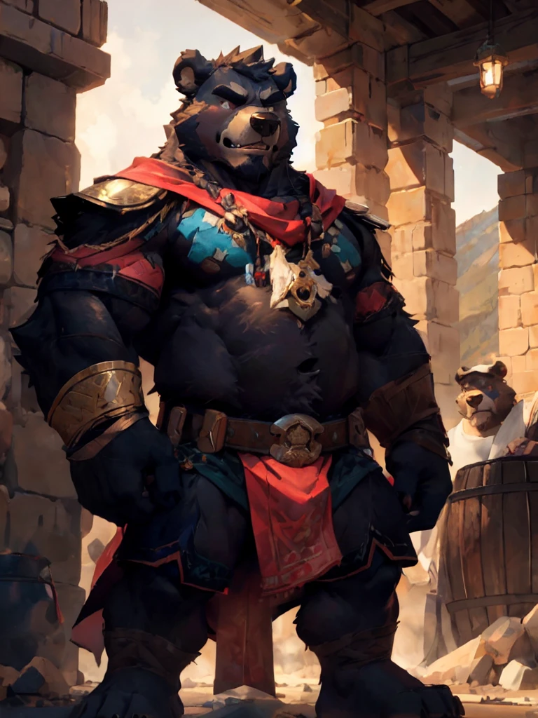 furry character,A very tall anf strong bear,He was bare-chested and wearing a pair of cloth shorts,he is a bandit,middle age,The Bandit Stockade,ancient style,perfect eyes,by null-ghost