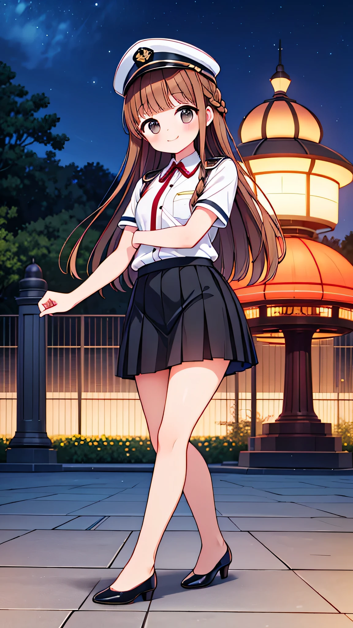 {Highest quality], [Super beautiful], [Ultra fine], [Best illustration], NSFW,Brown Hair, Hime cut,Braid, Long Hair, With bangs, girl, Uniform cap,Security uniform, smile, blush, Slender women,Short sleeve,Long straight skirt, Adult women,Strike a Pose,(Public）Night Park, diagonal,Bare feet and pumps, Plain black pumps