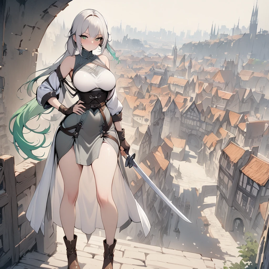 (masterpiece, Highest quality:1.3), One girl, alone，ponytail，Green and white gradient hair，Green Eyes,Adventurer,middle ages,Leather shoes,Background city,Sword in left hand,White clothes,