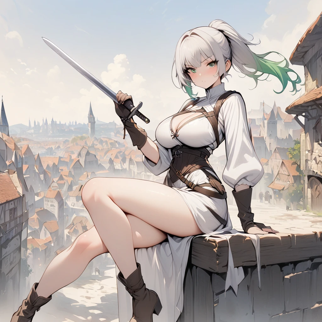 (masterpiece, Highest quality:1.3), One girl, alone，ponytail，Green and white gradient hair，Green Eyes,Adventurer,middle ages,Leather shoes,Background city,Sword in left hand,White clothes,