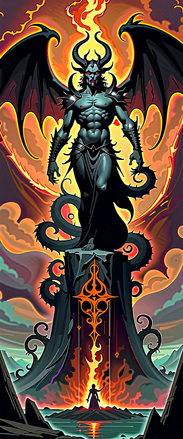 Aux hells, au sommet d’un immense pilier gigantesque se trouve le trône de pouvoir de la reine des hells, Lucifer's wife, throne of power, hells, flames, white dreadlocks hair, flames rouges sang, subtly crafted throne very detailed, photographie prise de très loin, great depth of field, plan large des hells 