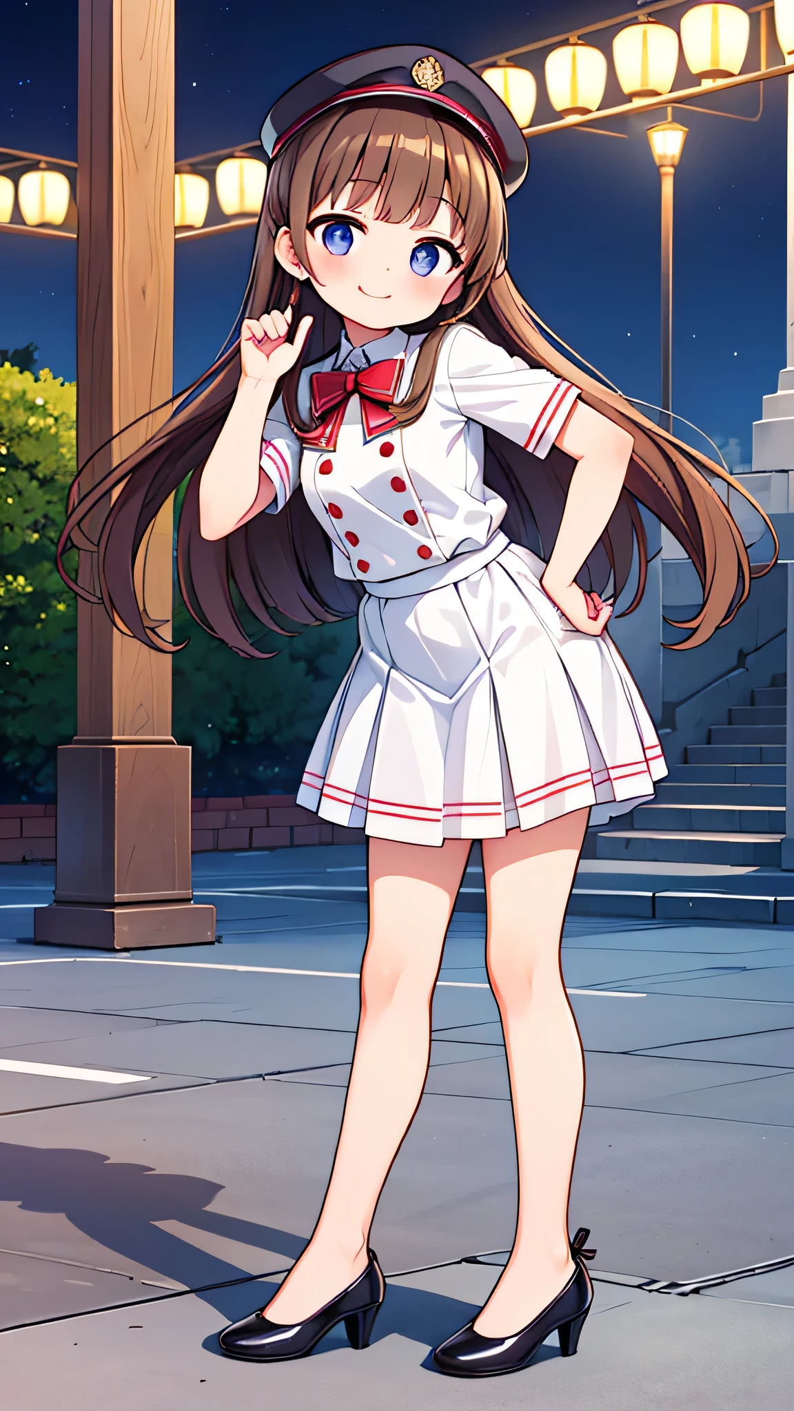 {Highest quality], [Super beautiful], [Ultra fine], [Best illustration], NSFW,Brown Hair, Hime cut,Braid, Long Hair, With bangs, girl, Uniform cap,Security uniform, smile, blush, Slender women,Short sleeve,Long straight skirt, Adult women,Strike a Pose,(Public）Night Park, diagonal,Bare feet and pumps, Plain black pumps
