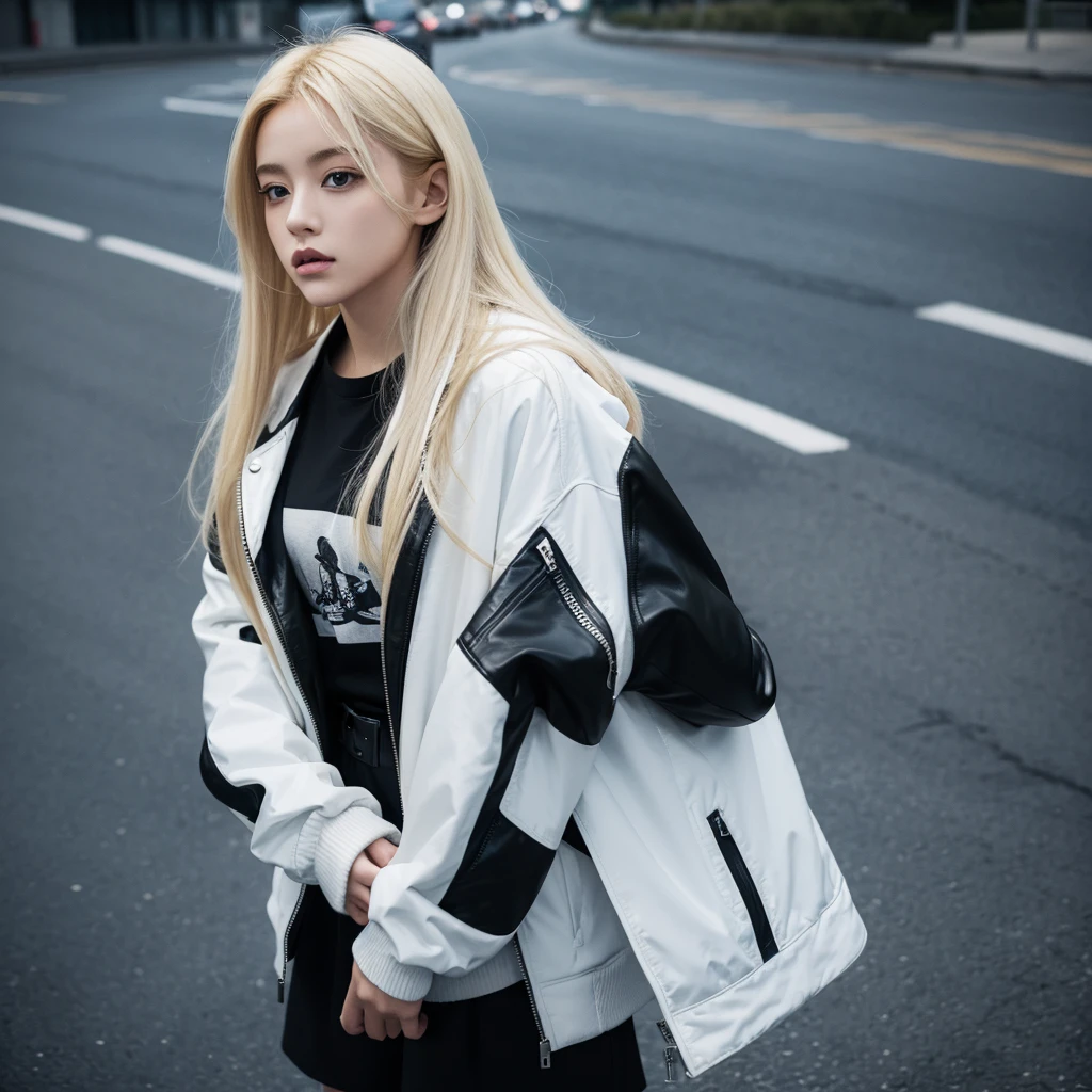 background: road
Characteristics: a girl with blonde hair and her hair is long, wearing a small jacket color black and inside the small jacket there is a white shirt, she is holding the jacket, next to the jacket there is a name called "leen" and the name colour white