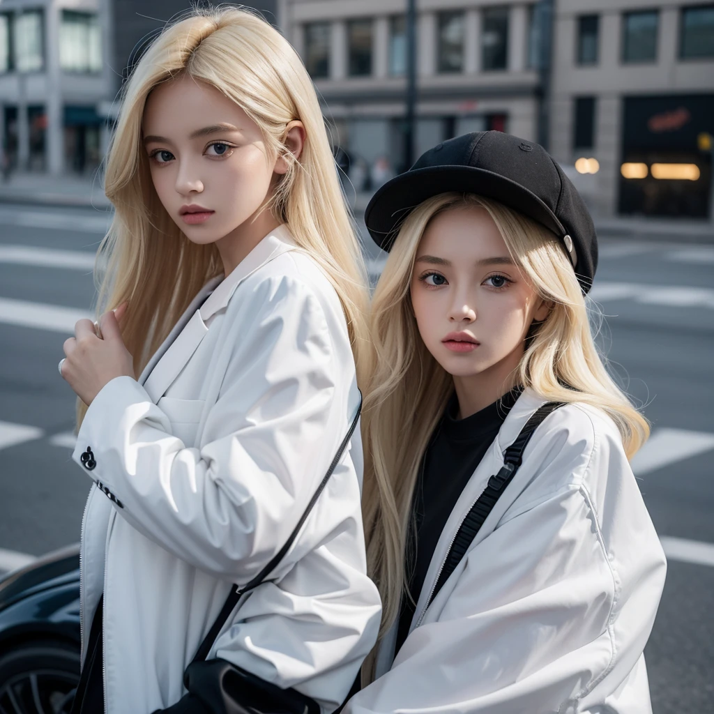 background: road
Characteristics: a girl with blonde hair  and her hair is long, wearing a small jacket color black and inside the small jacket there is a white shirt, she is holding the jacket, next to the jacket there is a name called "leen" and the name colour white