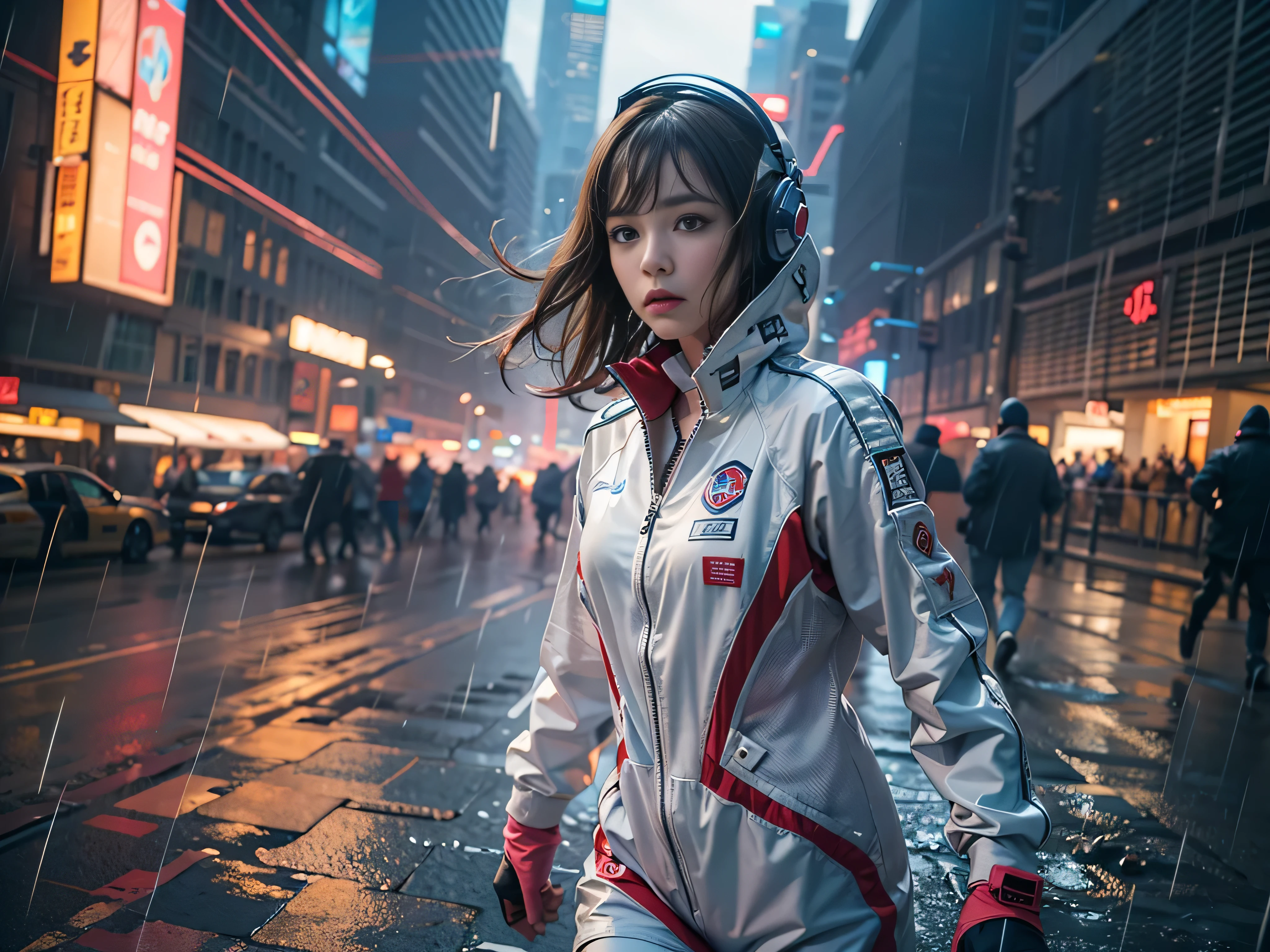 (RAW quality:1.4), Best image quality, Cinema Lighting, Octane Rendering, Ultra Sharp, 1 girl, Japanese, Troubled face, Glowing Skin, Detained fugitives, (Running at full speed:1.4), Brown Hair, Shortcuts, All-white pilot suit:1.3, Cleavage, cyber punk, A night sky filled with countless twinkling stars, Shining Milky Way, heavy rain:1.3, What's left behind, Laser beam attack, Big Explosion:1.3, Pillar of Fire:1.2, City in flames, flood, Wet Hair:1.5, Wet Skin:1.5, puddle, Fine Eyes, Fine skin, Camel Toe, Intensely detailed image quality, (Photo taken with an 8mm fisheye lens:1.4), Angle looking up from below:1.2, (Full-body photo), Soaking wet, The shutter speed is fast,