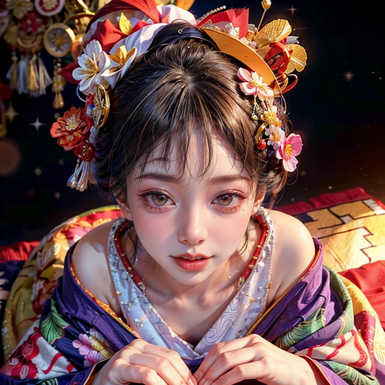 (PUNIPUNI clavicle KIMONO ((offshoulder)) KANZASHI FlowerHairpins Topknot TwinBun Oiran-Hair)High-level, 8K Masterpiece TopQuality, Ultra-detailed CG, Absurd detailed wallpaper, PerfectLighting, Extremely detailed (((Personifying " OIRAN " as a KAWAII Girl))), Characteristic Items, aesthetic LifeLike Rendering, MysticSight, Haze Tyndall Scattering, (Studio DARK Background with (Oodles Dazzling Iridescent 🌈Particles (BokeH))), (((Assfocus)) RoundlyButt) ThighGap, (Exposed:0.44) 🔞 BREAK (Acutance:0.8), (NOGIZAKA FaceVariations) Extremely Detailed very KAWAII FaceVariations, Childish CaptivatingGaze ElaboratePupils ParfectEyes with (SparklingHighlights:1.28), (Voluminous LongEyelashes:0.88), 💄💋✨ GlossyRedLips with BeautifulDetails, CoquettishTongue, PUNIPUNI RosyCheeks, Radiant PearlSkin with Transparency, Glowing DowneyHair . { (Dynamic LifeLike expressions:1.4) | (:d) }, (large eyes:-1) .