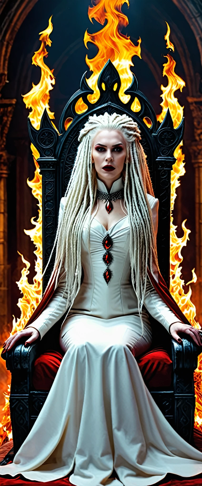 Aux hells, au sommet d’un immense pilier gigantesque se trouve le trône de pouvoir de la reine des hells, la femme de dracula, throne of power, hells, flames, white dreadlocks hair, flames rouges sang, subtly crafted throne very detailed, photographie prise de très loin, great depth of field, plan large des hells