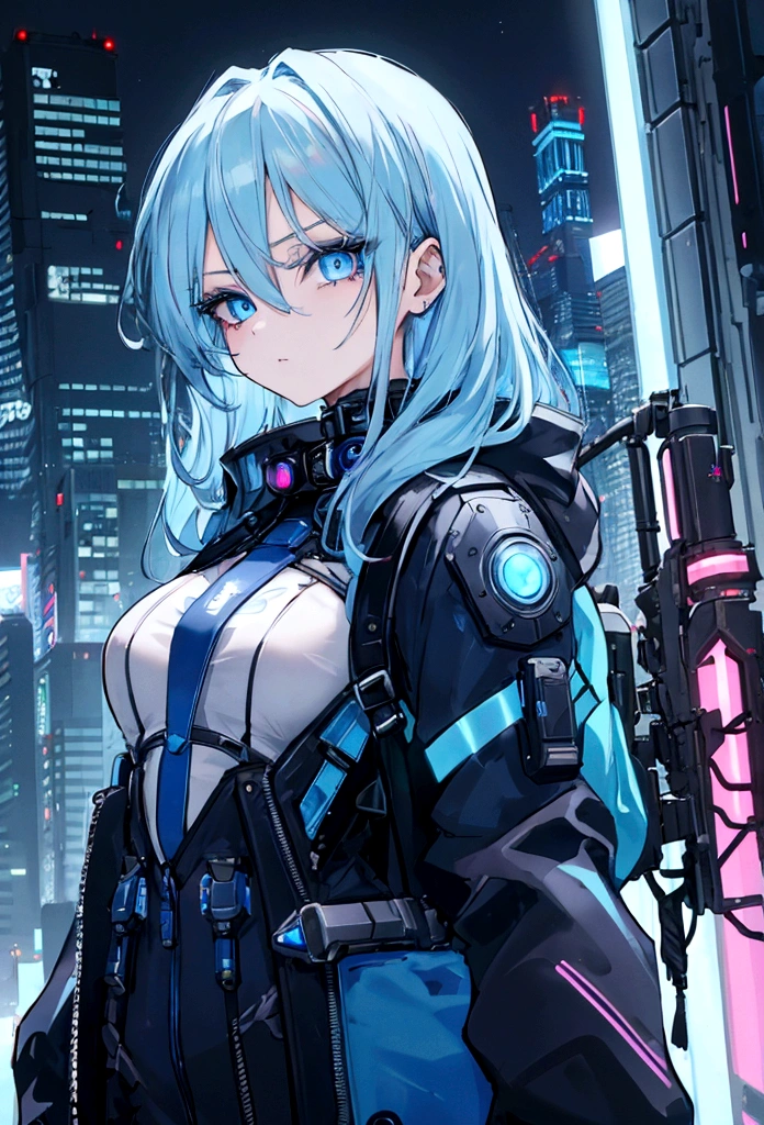 (masterpiece), (Highest quality), Ultra-high resolution, Sharp focus, ((1 female, alone)), whole body, Cyberpunk Theme,Small breasts, Beautiful detailed hair, Light blue hair, long hair hangs down, Beautifully detailed face, ((Beautifully shaped eyes, blue eyes)), Perfect feminine face, View your audience, Feminine navy blue cyberpunk outfit,refined armor, Brightly colored city neon lights, (At night:1.2),Large backpack,shout out loud