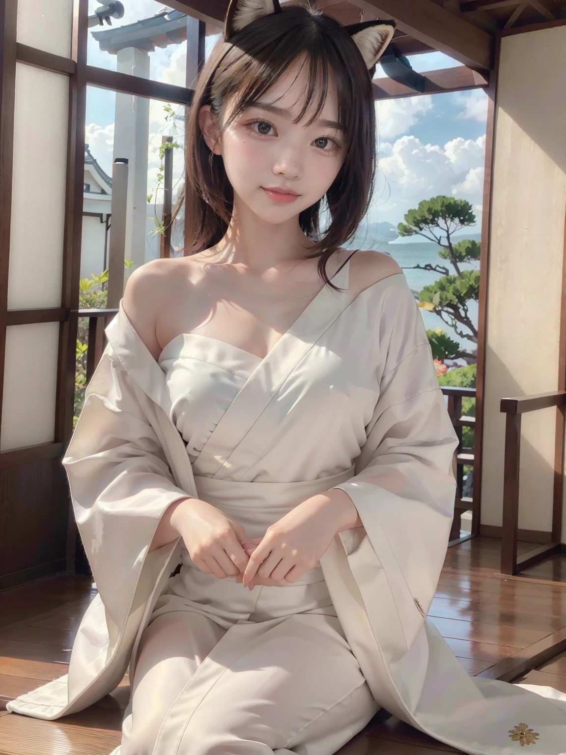 Fox-faced beauty、She is wearing a white kimono and has an elegant appearance.、The background is a fantastic shrine、8K、Amazing beauties