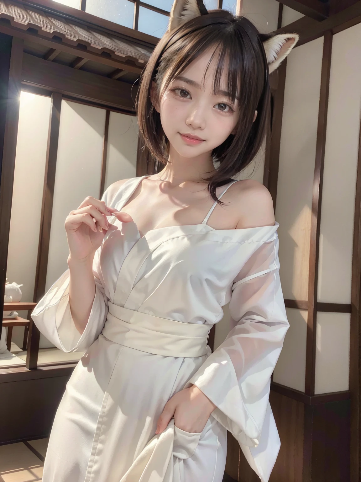 Fox-faced beauty、She is wearing a white kimono and has an elegant appearance.、The background is a fantastic shrine、8K、Amazing beauties