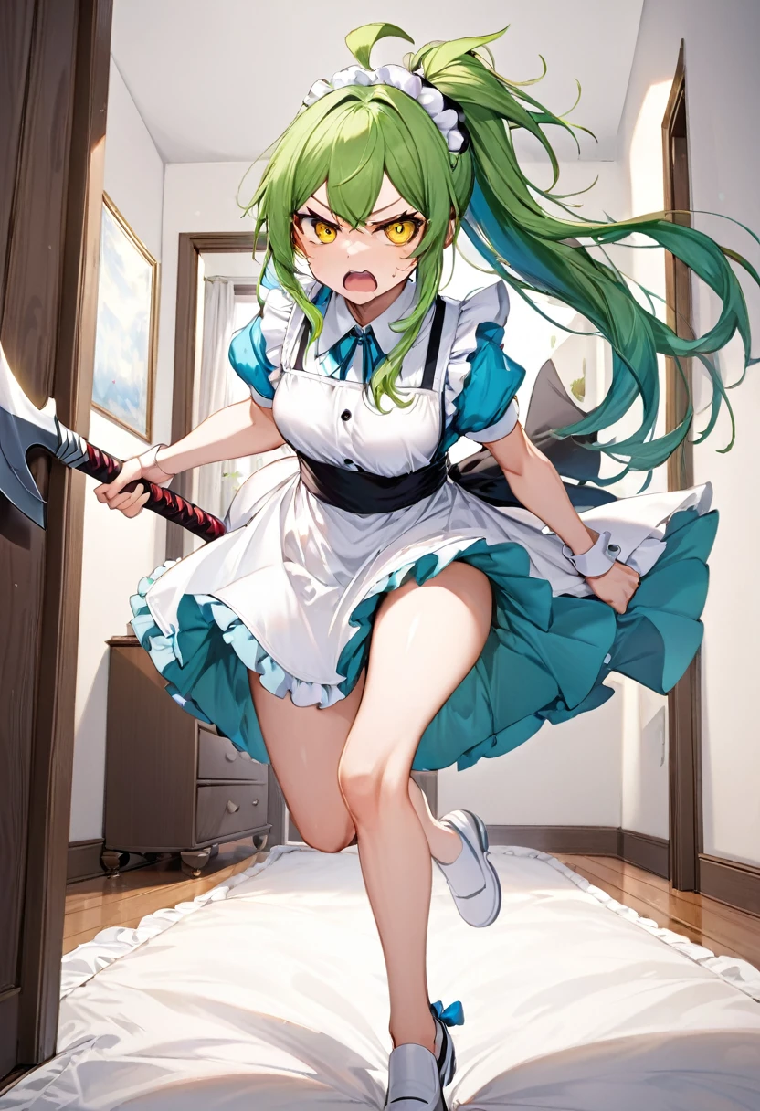 (frontale, full body) (15 yo, solo ponytail green hair long hair angry:1.4 divine axe fighter girl, angry:1.3 yellow eyes, medium tits), (in a summer maid clothes), (Running and chasing enemies), break, (in the simple bedroom, background running effect), BREAK, perfect anatomy, masterpiece, best quality, 16k, beautiful detailed grow, daydreaming expression.