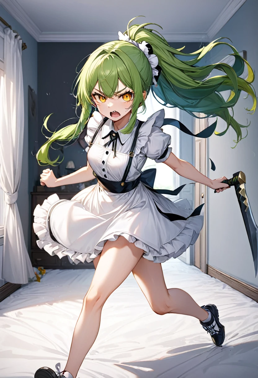 (frontale, full body) (15 yo, solo ponytail green hair long hair angry:1.4 divine axe fighter girl, angry:1.3 yellow eyes, medium tits), (in a summer maid clothes), (Running and chasing enemies), break, (in the simple bedroom, background running effect), BREAK, perfect anatomy, masterpiece, best quality, 16k, beautiful detailed grow, daydreaming expression.