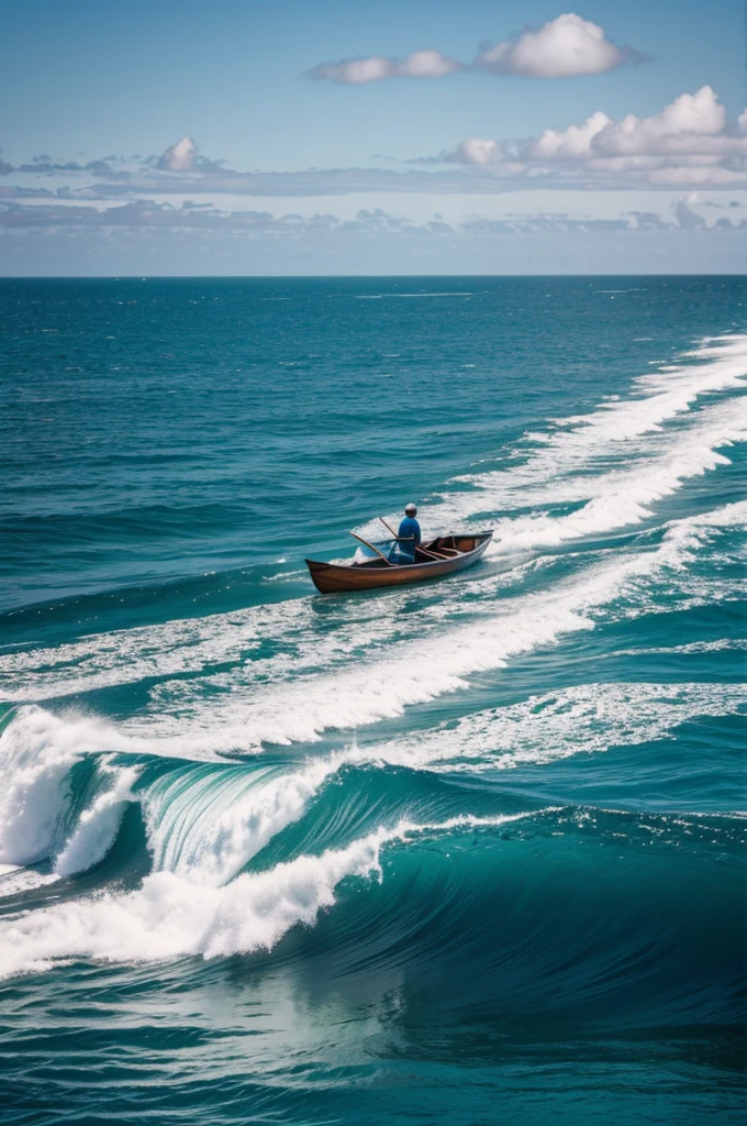 A man is in a boat in ocean