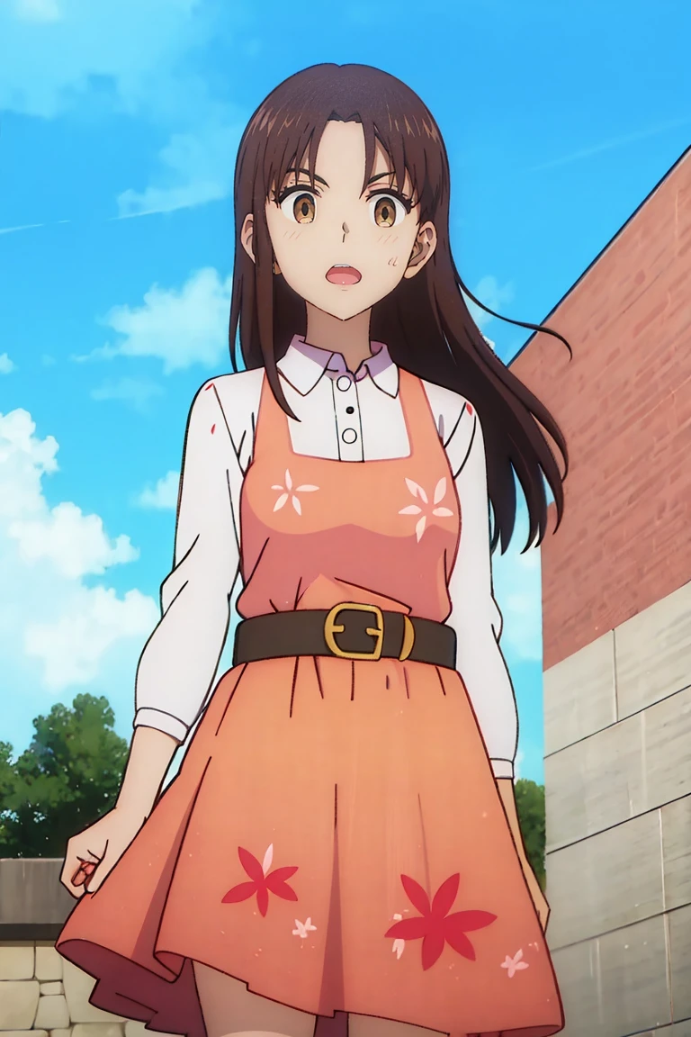 (masterpiece, best quality:1.2), 1girl, yumiko koizumi, asymmetrical bangs, bangs, black hair, blue sky, brown eyes, brown hair, cloud, cloudy sky, dress, eyebrows visible through hair, floral print, long hair, white dress, looking at viewer, outdoors, sky, colosseum, stage, sleeveless, half sleeves, belt, frills dress