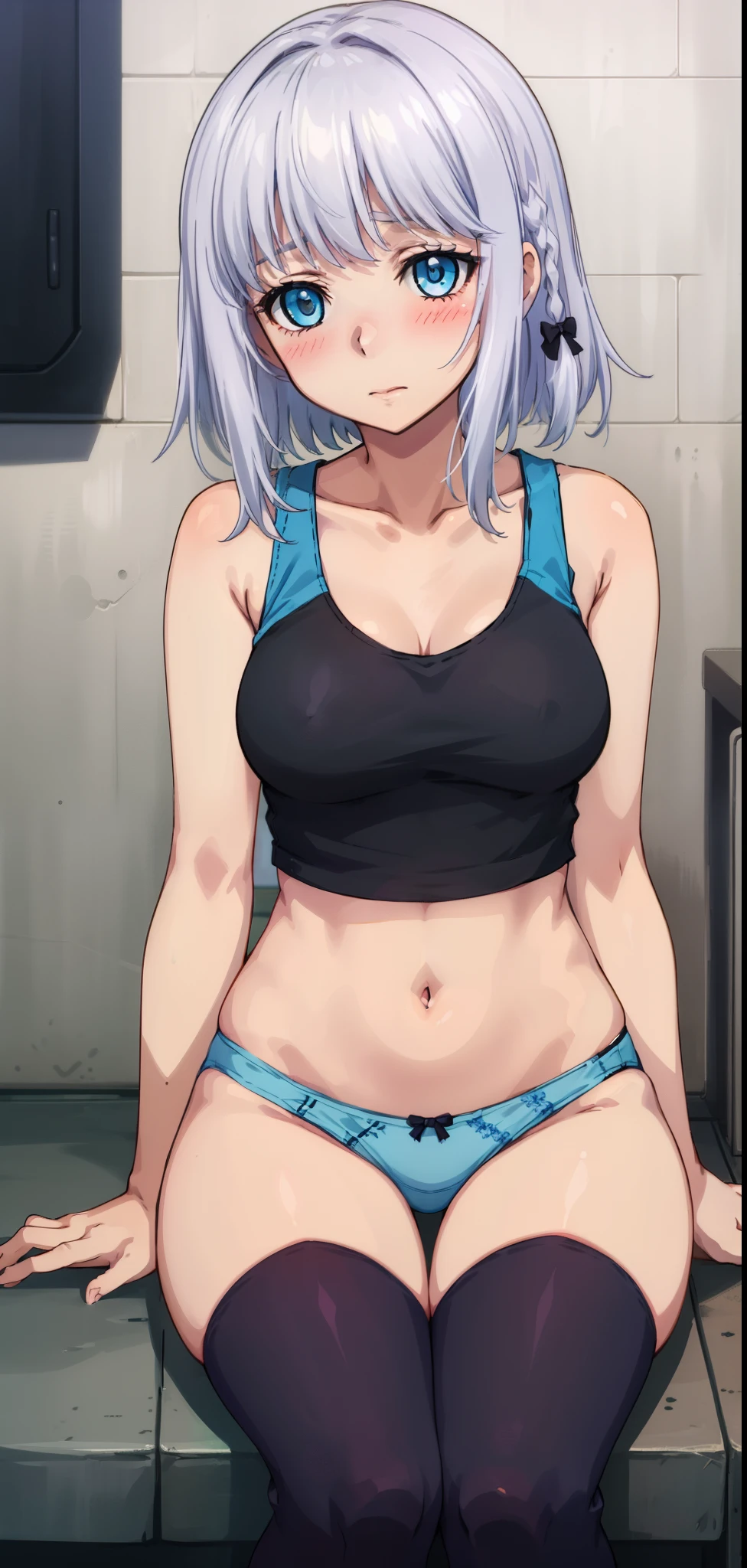 1 girl, kanon kanase,  , blush, medium , sleeveless,((stylish outfit, cropped tank top, navel, pantiesting,  20-year-old, healthy skin. Upper_body. Silver hair. 