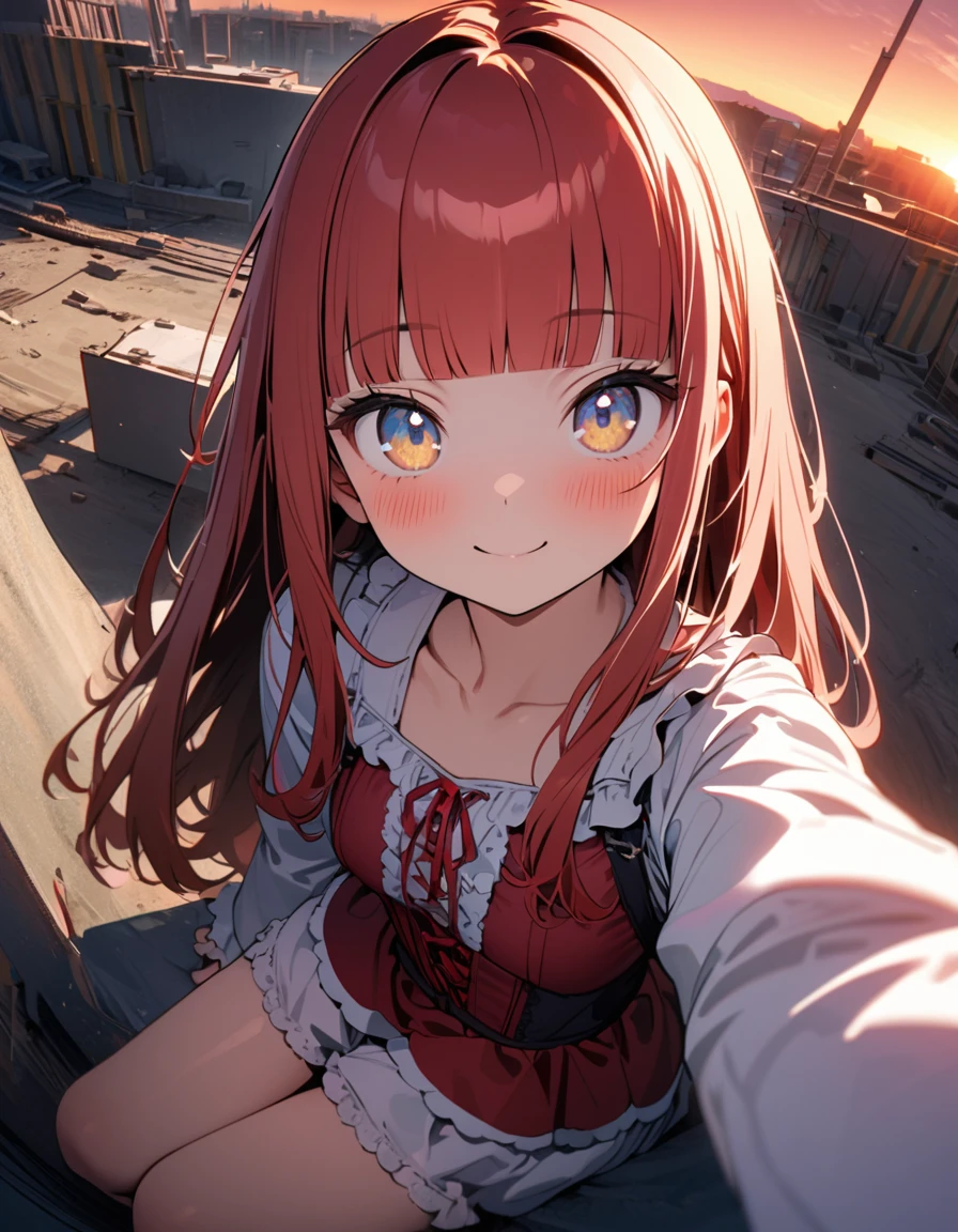 (8K, best quality, master piece: 1.2), super high resolution,1 cute girl,16yo,ultra-detailed face,detailed eyes,gradient eyes,mascara,Taking a Selfie with a smartphone in one hand,smile,red hair,bashful,Lolita Fashion(red:1.4),cute,crimson Bustier,Straight Hair,Long Hair,blunt bangs,Sitting on top of a construction site,Shot from above,Reddish Sky at Sunset,Rim Light,Selfie,Fisheye,no black picture